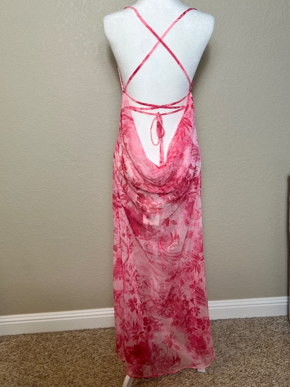 NEW - Peppermayo Tara Maxi Sheer Dress Pink Print Open Lace-Up Back - Picture 4 of 10